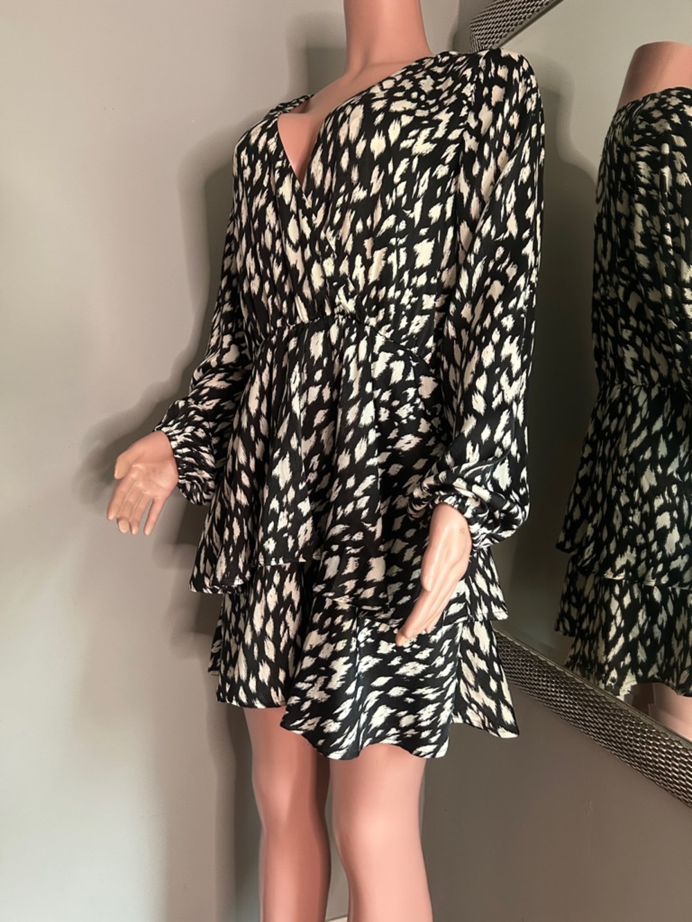 Black & White Printed Mini Wrap Dress with Ruffled Hem and short
